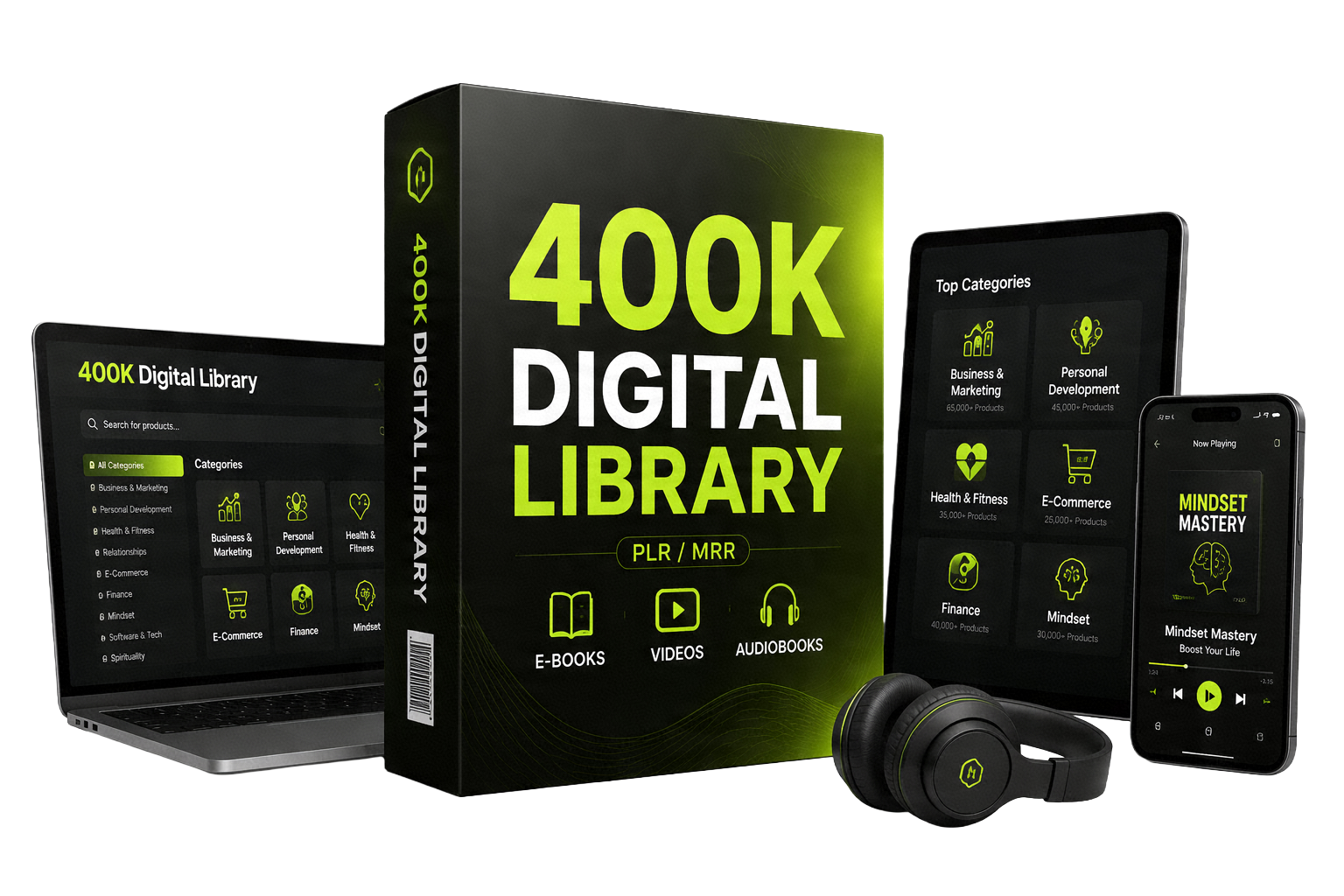 The 400K Digital Library product bundle showing stacks of ebooks, videos and audiobooks