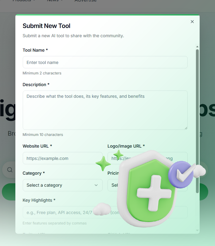 Tool submission flow with admin approval, editable listings and status management
