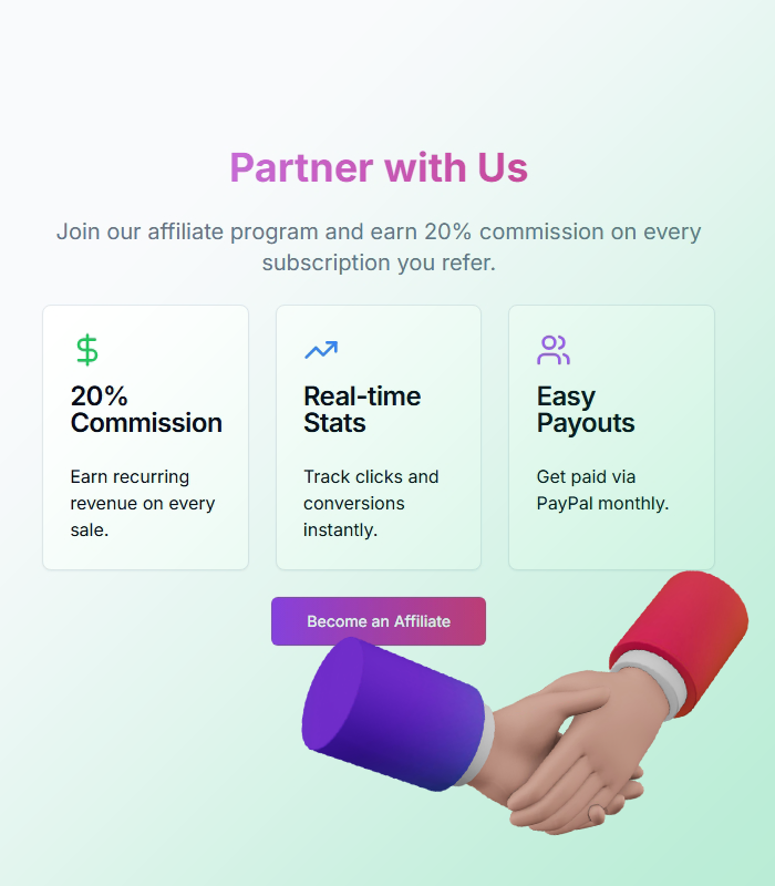 Affiliate tracking with referral links, commission attribution and earnings dashboard