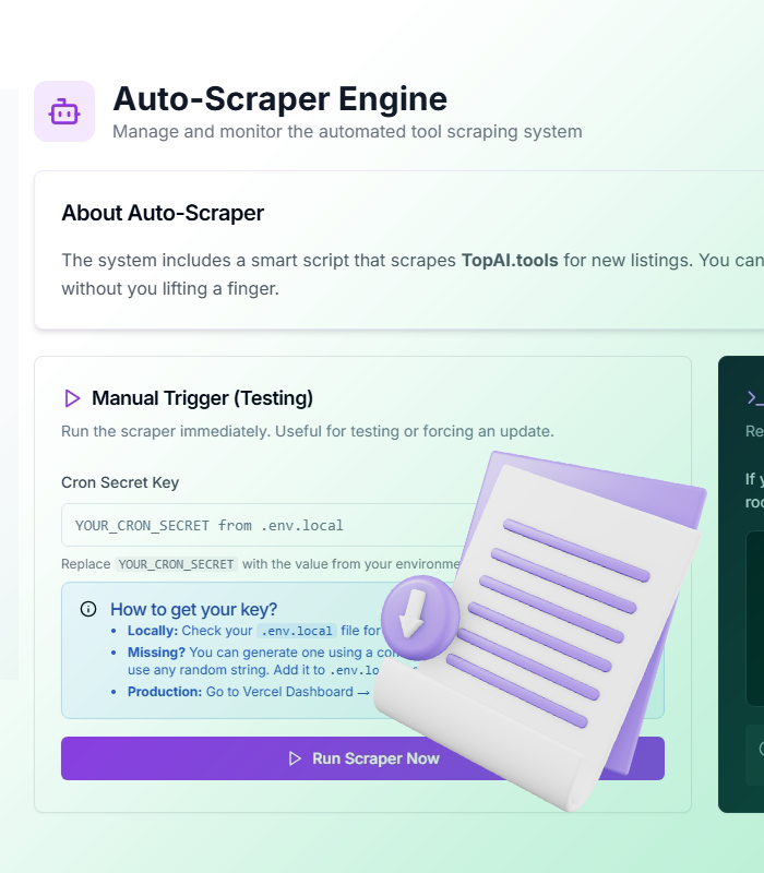 Auto-scraping engine that automatically collects AI tools with admin-controlled scheduling